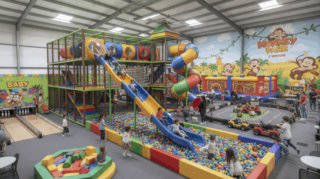 Monkey Park L Union : Grande structure de jeux intérieure avec toboggans, piscine à balles et mini-karting